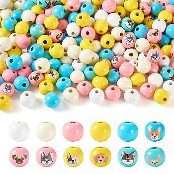 Wood European Beads, Round with Dog Pattern, Mixed Color, 16x15~16mm, Hole: 4~4.5mm