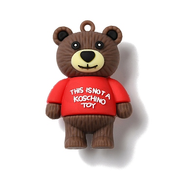 PVC Plastic Cartoon Big Pendants, Little Bear with Word Charms, for DIY Keychain Making, Red, 52x34.5x20mm, Hole: 2.7mm