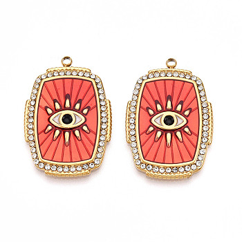 Ion Plating(IP) 304 Stainless Steel Evil Eye Enamel Pendants, with Rhinestone, Rectangle, Real 18K Gold Plated, Tomato, 32.5x22x2.5mm, Hole: 2mm
