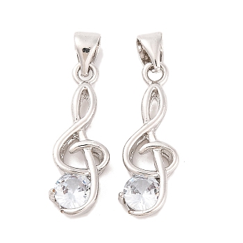 Musical Note Real Platinum Plated Brass Cubic Zirconia Pendants, 21.5x8x3.5mm, Hole: 4x3.5mm