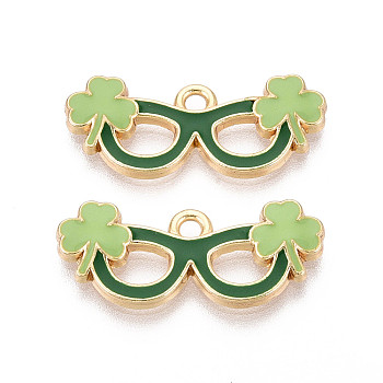 Saint Patrick's Day Alloy Enamel Pendants, Glasses Charms, Golden, Cadmium Free & Nickel Free & Lead Free, Green, 11x25x2mm, Hole: 1.8mm