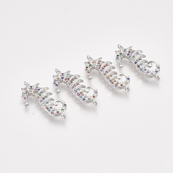 Brass Micro Pave Cubic Zirconia Links, Sea Horse, Colorful, Platinum, 26x12.5x3mm, Hole: 1mm
