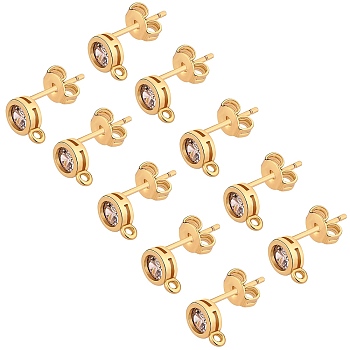 5 Pairs Rack Plating Brass Micro Pave Cubic Zirconia Stud Earring Findings, with Vertical Loop, Cadmium Free & Nickel Free & Lead Free, Flat Round, Golden, 7.5x5mm, Hole: 0.8mm, Pin: 0.7mm