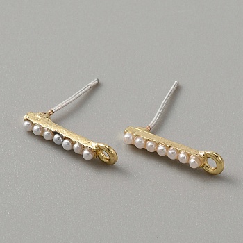 Alloy Stud Earrings, with Imitation Pearl Beaded & Horizontal Loops, Rectangle, Golden, 14.5x3.5mm, Hole: 1.4mm, Pin: 0.8mm