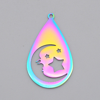 Ion Plating(IP) 201 Stainless Steel Pendants, Laser Cut, Teardrop with Moon & Star, Rainbow Color, 38x22x1mm, Hole: 1.8mm