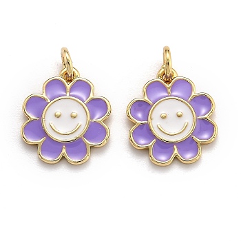 Brass Enamel Charms, Real 18K Gold Plated, Long-Lasting Plated, Flower, Medium Purple, 14.5x13x1.5mm, Hole: 3mm
