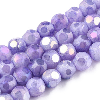 Opaque Frosted Glass Beads Strands, AB Color Plated, Faceted, Round, Medium Purple, 6.5x6mm, Hole: 1.5mm, about 70pcs/strand, 16.38 inch(41.6cm)
