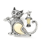 Cat & Fish Plastic Alloy Brooch, Exquisite Lapel Pin for Men Women, Antique Silver, 40x46mm(JEWB-K039-09AS)