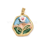 Brass Enamel Pendants, with Resin, Cadmium Free & Nickel Free & Lead Free, Real 18K Gold Plated, Flat Round with Flower Charms, Light Sky Blue, 21.5x18x6mm, Hole: 4x3mm(KK-S502-02P)