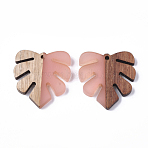 Resin & Walnut Wood Pendants, Tropical Leaf Charms, Monstera Leaf Pendant, Pink, 30x28x3.5mm, Hole: 2mm(RESI-S358-24E)