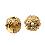 304 Stainless Steel Beads, Ion Plating(IP), Round with Flower, Real 18K Gold Plated, 5.7x5.5mm, Hole: 1.2mm(STAS-L315-062D-G)