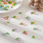 60Pcs 6 Colors Transparent Spray Painted Glass Pendants, with Acrylic Leaf and Golden Iron Loops, Flower Charms, Mixed Color, 16mm, Hole: 2.7mm, 10pcs/color(FIND-PH0024-56)