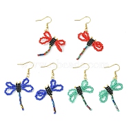 Glass Dragonfly Dangle Earrings, Golden 304 Stainless Steel Earrings, Mixed Color, 58~60x31~33mm(EJEW-MZ00114)