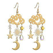 Transparent Glass Dangle Earrings, with 201 Stainless Steel Chandelier Components Links and 304 Stainless Steel Charms and Brass Link Connectors, Cloud with Moon and Star, 69x25mm(EJEW-TA00259-01)