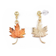 Autumn Theme Alloy Dangle Stud Earrings, with Enamel, Eco-Friendly Stainless Steel Pins and Ear Nuts, Printed, Maple Leaf, Coral, 27.5x13.5mm, Pin: 0.7mm(X-EJEW-G148-24G-02)