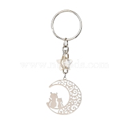 Stainless Steel Hollow Moon Cat Keychains, with Iron Keychain Ring and Star Glass Pendant, Stainless Steel Color, 8.7cm(KEYC-JKC00585-02)