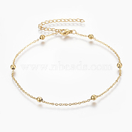 304 Stainless Steel Anklets, with Lobster Claw Clasps, Round Beads and Cable Chains, Golden, 9 inch(230mm), 1.5mm(AJEW-H013-01G)