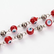 Handmade Evil Eye Lampwork Round Beads Chains for Necklaces Bracelets Making, with Electroplate Round Glass Beads and Platinum Iron Eye Pin, Unwelded, Dark Red, 39.3 inch(AJEW-JB00106-01)