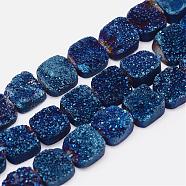 Electroplated Natural Druzy Quartz Crystal Bead Strands, Square, Grade AB, Blue Plated, 10~10.5x10~10.5x5~6.5mm, Hole: 1mm, about 20pcs/strand, 7.8 inch(200mm)(G-G943-01)