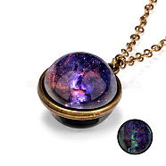 Luminous Glass Planet Pendant Necklace with Antique Golden Alloy Chains, Blue Violet, 19.69 inch(50cm)(PW-WG67491-01)