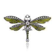Antique Silver Plated Alloy Enamel Dragonfly Pendants, with Rhinestone, Yellow Green, 42x72x4mm, Hole: 2mm(ENAM-J028-07AS)