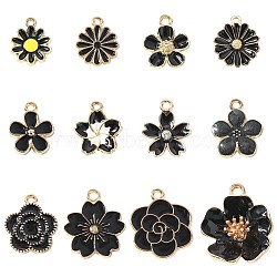 60Pcs 12 Styles Alloy Enamel Charms, Flower, Black, 14~23x11.5~19.5x1~6mm, Hole: 1.2~2mm, 5pcs/style(ENAM-CJ0006-40B)