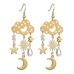 Transparent Glass Dangle Earrings, with 201 Stainless Steel Chandelier Components Links and 304 Stainless Steel Charms and Brass Link Connectors, Cloud with Moon and Star, 69x25mm(EJEW-TA00259-01)