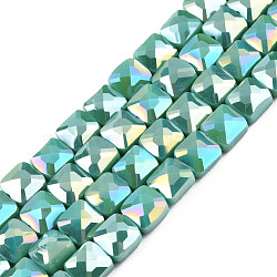 Electroplate Opaque Solid Color Glass Beads Strands, AB Color Plated, Faceted, Square, Light Sea Green, 6.5x6.5x4.5mm, Hole: 1.2mm, about 97~99Pcs/strand, 25 inch(63.5cm)(EGLA-N002-43-05)