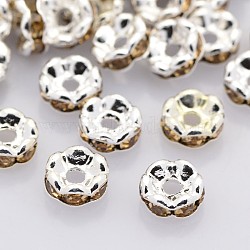 Brass Rhinestone Spacer Beads, Grade AAA, Wavy Edge, Nickel Free, Silver Color Plated, Rondelle, Light Colorado Topaz, 8x3.8mm, Hole: 1.5mm(RB-A014-L8mm-14S-NF)