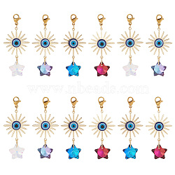 15Pcs Electroplate Glass Star Pendant Decorations, with Brass Solar Eclipse Links and Resin Evil Eye Cabochons, Mixed Color, 52mm(HJEW-AR0001-16)