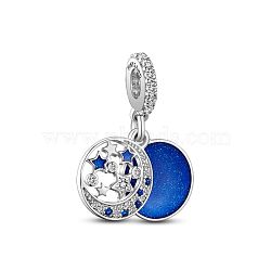 TINYSAND Rhodium Plated 925 Sterling Silver European Dangle Charm, with Enamel, Flat Round with Moon & Star, Platinum, Blue, 25.64x12.5x4.68mm, Hole: 4.5mm(TS-P-259)