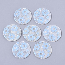 Cellulose Acetate(Resin) Pendants, 3D Printed, Flat Round, Flower Pattern, Light Sky Blue, 39x2.5mm, Hole: 1.6mm(X-KY-S163-019B)