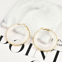 304 Stainless Steel Hoop Earrings For Women, Ring, with Resin, White, 42mm(EJEW-B113-02G-04)