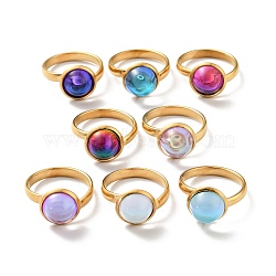 Glass Flat Round Finger Ring, Ion Plating(IP) 304 Stainless Steel Jewelry for Women, Golden, Mixed Color, US Size 7 3/4(17.9mm), Ring Surface: 12x7mm(RJEW-G253-02A-G)