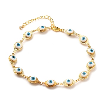 Brass Enamel Evil Eye Link Chains Anklets, with Lobster Claw Clasps, Golden, 9-7/8 inch(25cm)