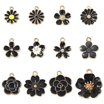 60Pcs 12 Styles Alloy Enamel Charms, Flower, Black, 14~23x11.5~19.5x1~6mm, Hole: 1.2~2mm, 5pcs/style