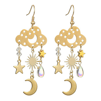 Transparent Glass Dangle Earrings, with 201 Stainless Steel Chandelier Components Links and 304 Stainless Steel Charms and Brass Link Connectors, Cloud with Moon and Star, 69x25mm