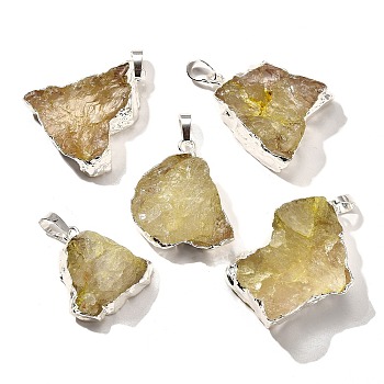 Raw Rough Natural Dyed Quartz Crystal Pendants, Nuggets Charms, with Brass Findings, Silver Color Plated, Light Yellow, 21~45x18~39x8~19mm, Hole: 7x4.5mm