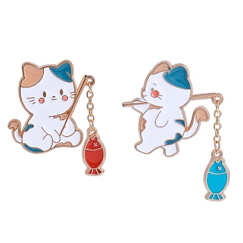 2Pcs 2 Style Cat and Fish Enamel Pin, Gold Plated Alloy Badge for Backpack Clothes, Mixed Color, 39~40x32~34x1.5~2mm, Pin: 1mm, 1pc/style