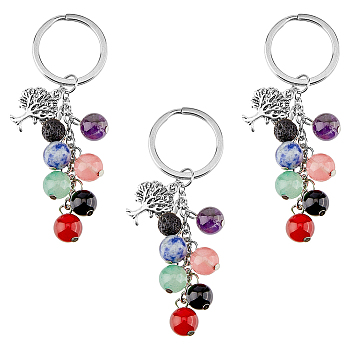 Gemstone Keychain, Tibetan Style Alloy Tree of Life Pendant Keychain, with 304 Stainless Steel Findings, 8.6cm, 3pcs/box