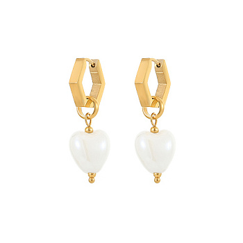 Golden 304 Stainless Steel Hoop Earrings, Ceramics Heart Drop Earrings, White, Pendant: 15x12mm