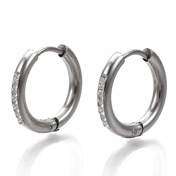 201 Stainless Steel Huggie Hoop Earrings, with 304 Stainless Steel Pins and Crystal Rhinestone, Ring, Stainless Steel Color, 17x2.5mm, Pin: 1mm