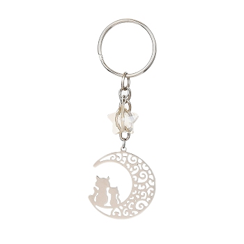 Stainless Steel Hollow Moon Cat Keychains, with Iron Keychain Ring and Star Glass Pendant, Stainless Steel Color, 8.7cm