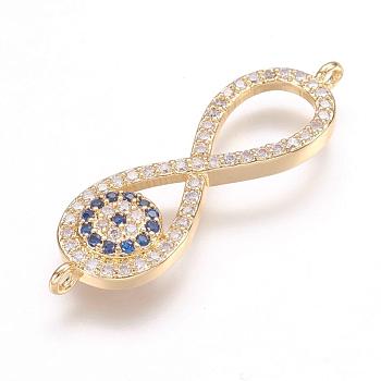 Brass Micro Pave Cubic Zirconia Links, Real 18K Gold Plated, Infinity, 10x33x3mm, Hole: 1mm