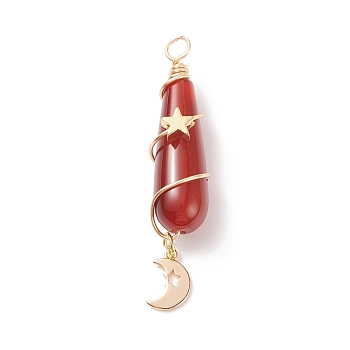 Dyed Natural Carnelian Big Pendants, with Golden Tone Brass Findings, Teardrop Charm with Star and Moon, 54mm, Hole: 4mm