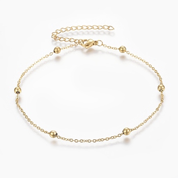 304 Stainless Steel Anklets, with Lobster Claw Clasps, Round Beads and Cable Chains, Golden, 9 inch(230mm), 1.5mm