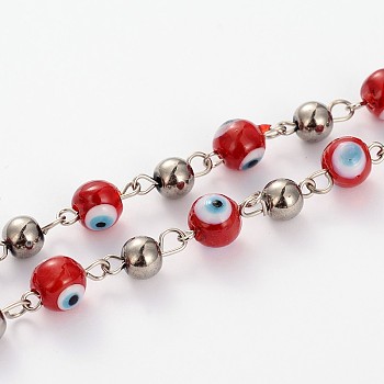 Handmade Evil Eye Lampwork Round Beads Chains for Necklaces Bracelets Making, with Electroplate Round Glass Beads and Platinum Iron Eye Pin, Unwelded, Dark Red, 39.3 inch