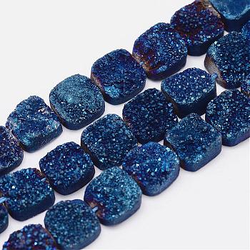 Electroplated Natural Druzy Quartz Crystal Bead Strands, Square, Grade AB, Blue Plated, 10~10.5x10~10.5x5~6.5mm, Hole: 1mm, about 20pcs/strand, 7.8 inch(200mm)