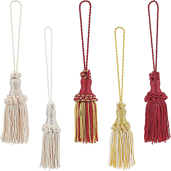 5Pcs 5 Colors Polyester Tassel Pendant Decorations, with Tether & Wood Inner Core, for Purse, Backpack, Car Ornament, Mixed Color, 165~180mm, 1pc/color