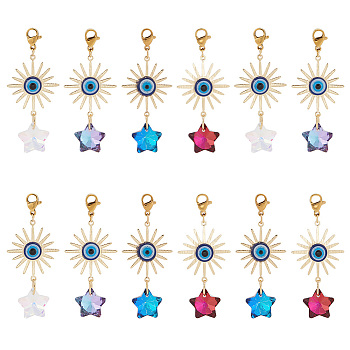 15Pcs Electroplate Glass Star Pendant Decorations, with Brass Solar Eclipse Links and Resin Evil Eye Cabochons, Mixed Color, 52mm